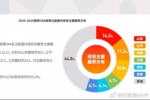 344名CBA本土球員籍貫主要集中在魯遼豫蘇冀吉 山東籍49人最多